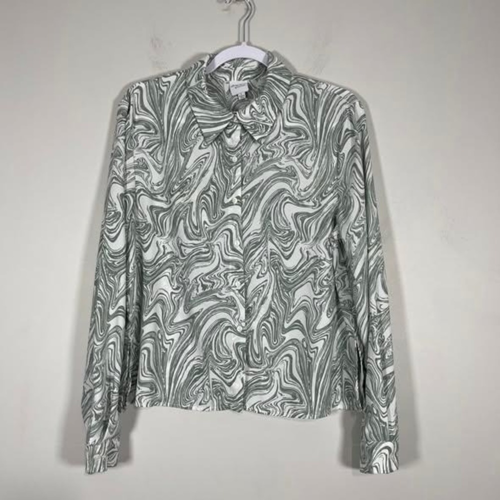 Cozy Co Cozy Casuals Marble Print Blouse Wms LG Green White Long Sleeve Groovy